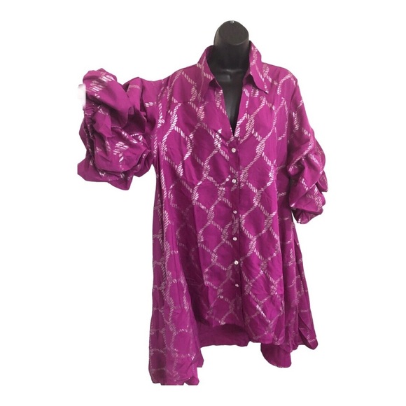 Pink & silver metallic puffy sleeve button down regal hi low dress size 1X new - Picture 16 of 17